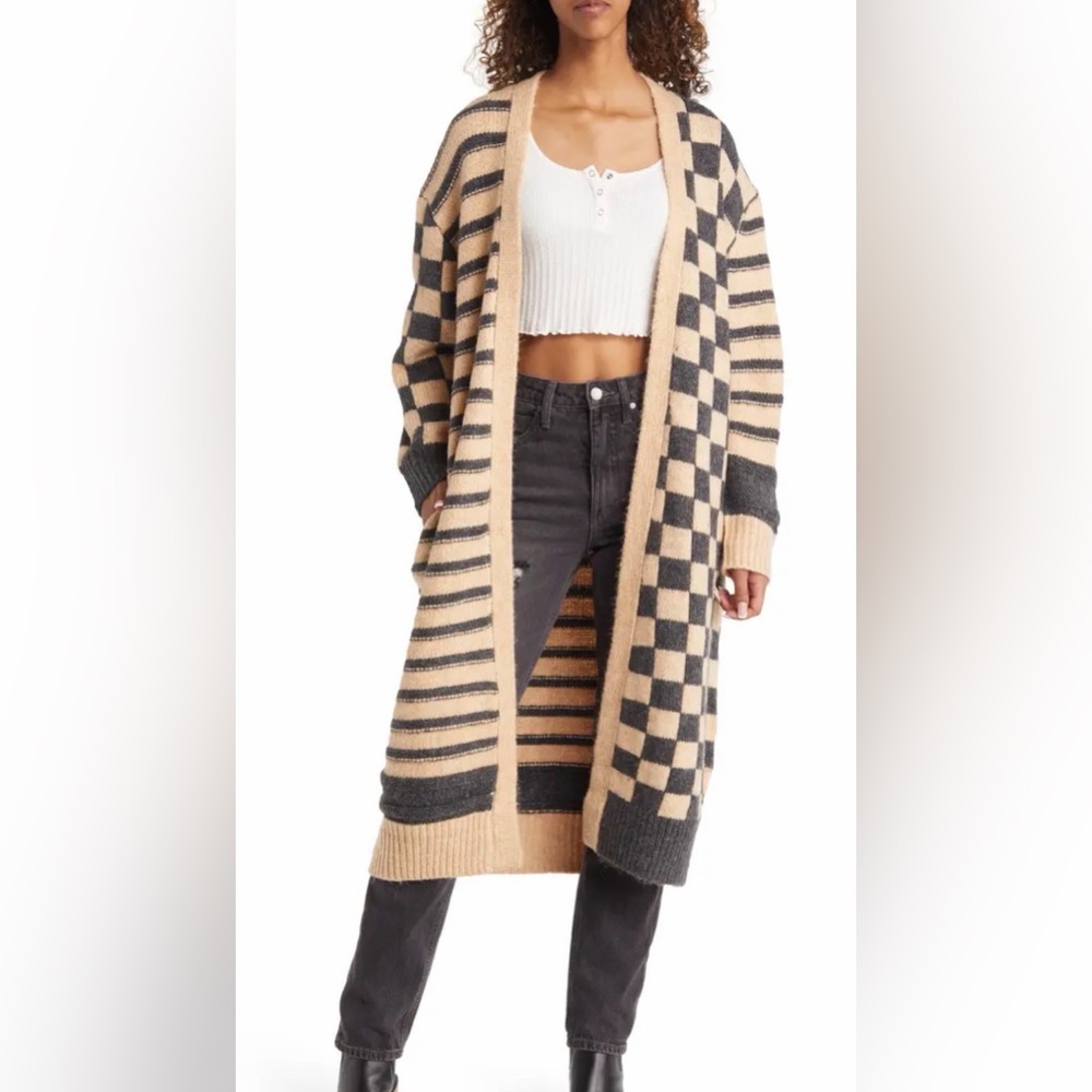 NWT Altar’d State Long Duster Cardigan Medium Beige Gray Checkerboard Striped